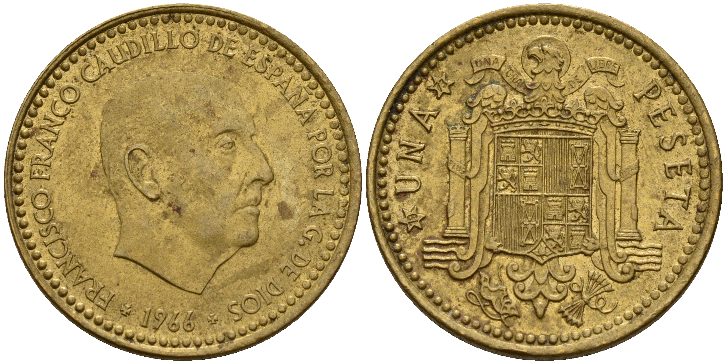 Испания 1 песета 1966 (73) Франсиско Франко (1939-1975) KM 796 алюминиевая бронза    4597-126