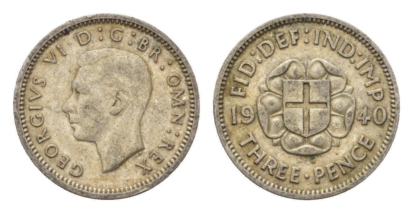 Великобритания 3 пенса 1940 Георг VI (1936-1952) KM 848, Spink 4085 серебро 100-743