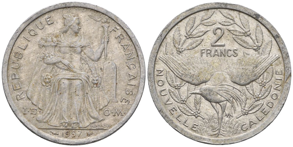 Французская Новая Каледония 2 франка 1997 птица кагу, (IEOM) KM 14, Schoen 11, Lec 68b алюминий    23-1427