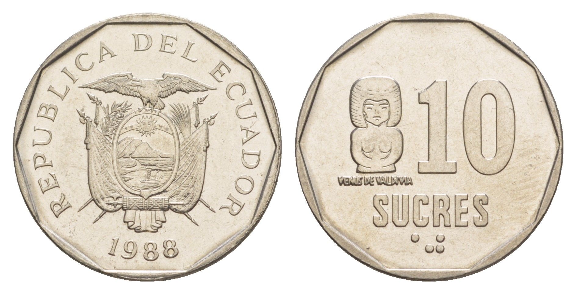 Эквадор 10 сукре 1988 KM 92.1 сталь плакированная никелем UNC 4641-713