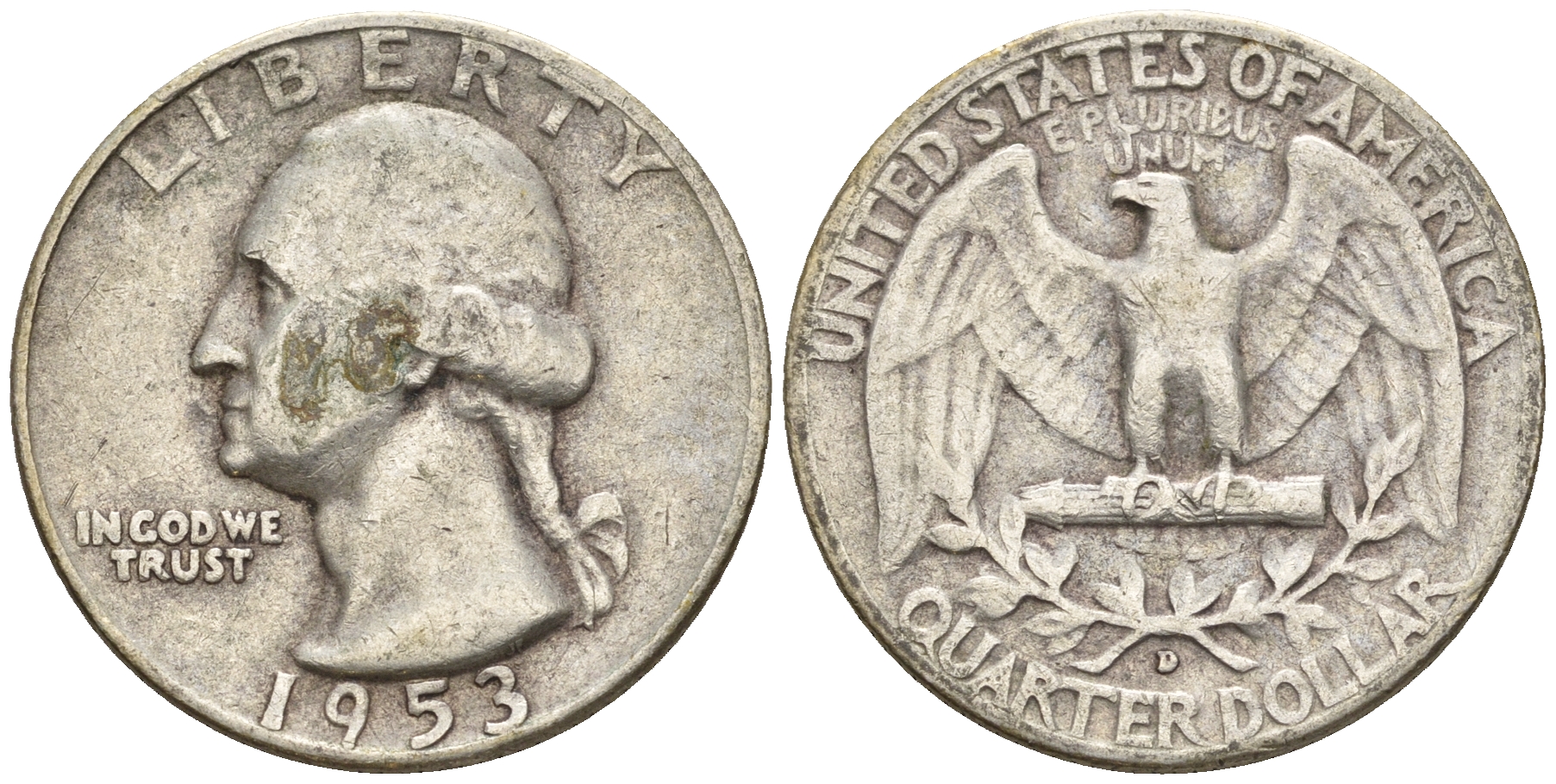 США 25 центов = квотер 1953 D, Вашингтон KM 164 серебро 85-1143