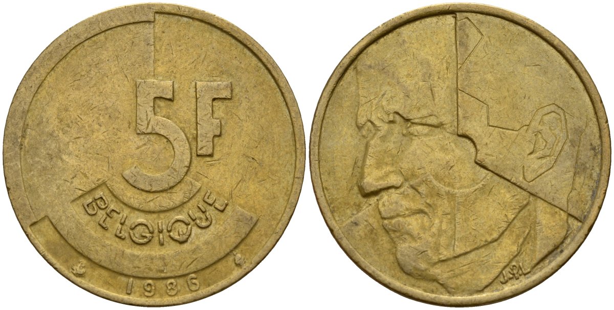 Бельгия 5 франков 1986 Belgique KM 163 алюминиевая бронза 4187-1125