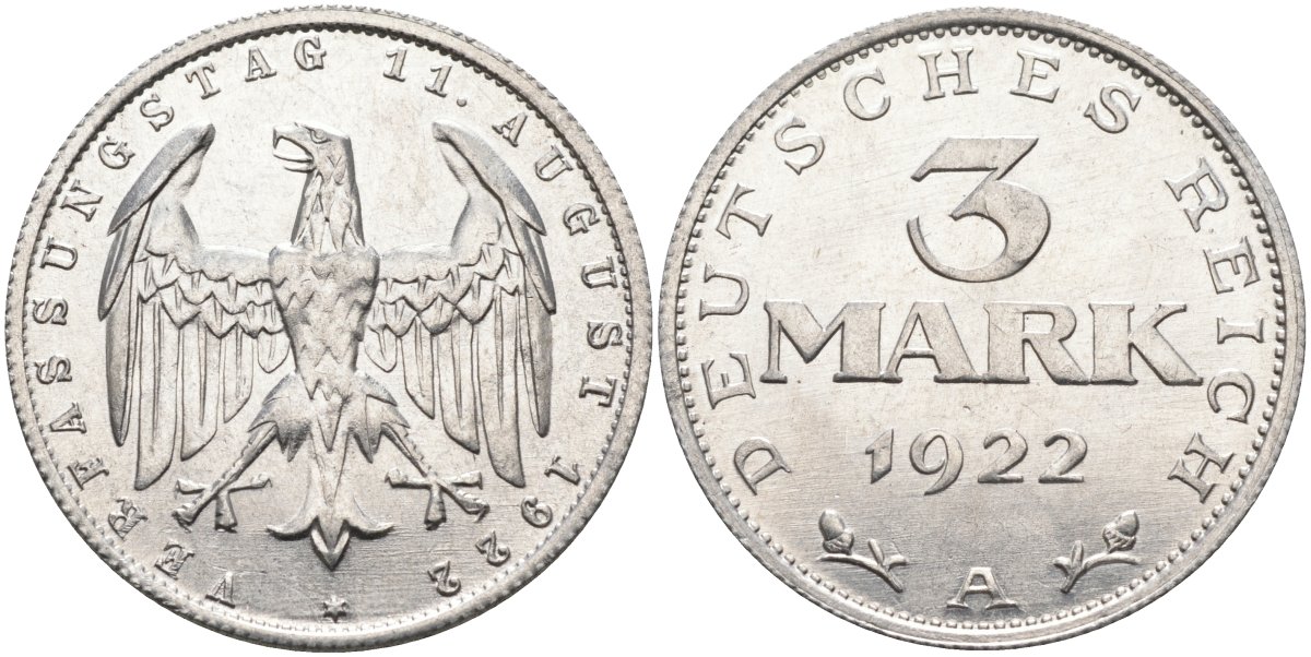 Германия 3 марки 1922 A, третья годовщина Веймарской Конституции KM 29, J.303 алюминий UNC 4587-142