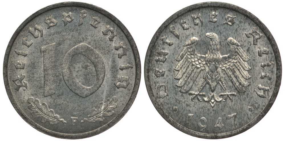 Германия 10 рейхспфеннигов 1947 F, оккупация Германии союзными войсками J. 375, KM A104 цинк UNC 4127-1234