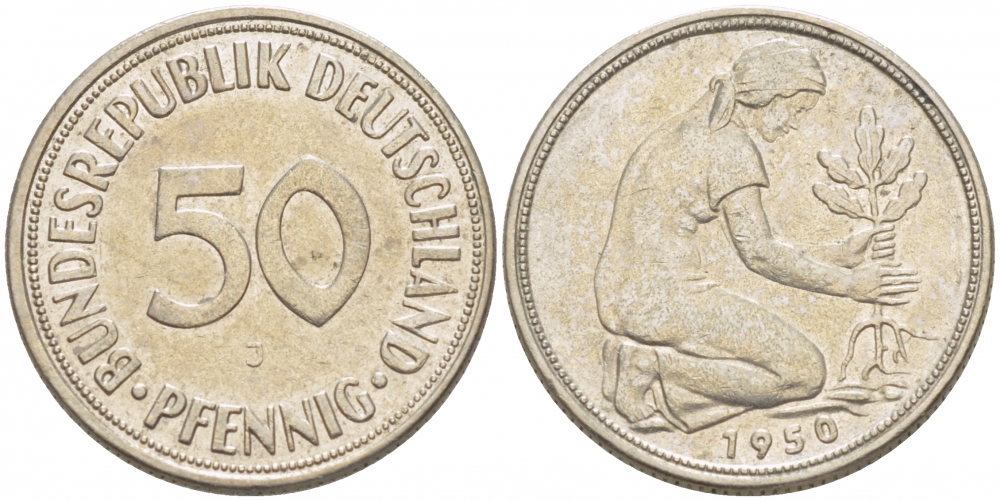 ФРГ 50 ПФЕННИГОВ 1950 J KM 109.1, J. 384 медно-никель 3996-1217