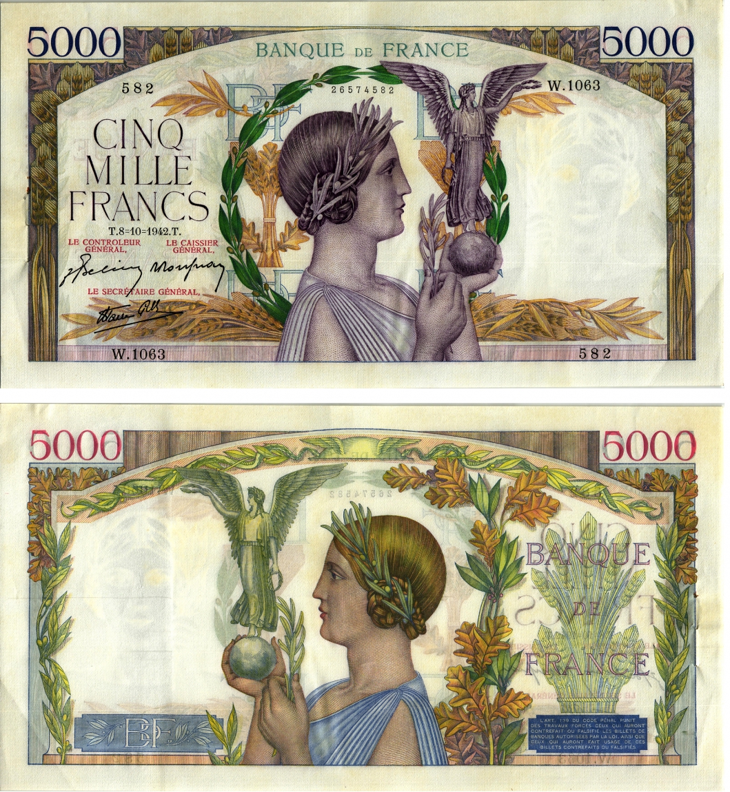 Франция 5000 франков 1942 8 октября 1942  Pick 97 с бумага  8607-96-1