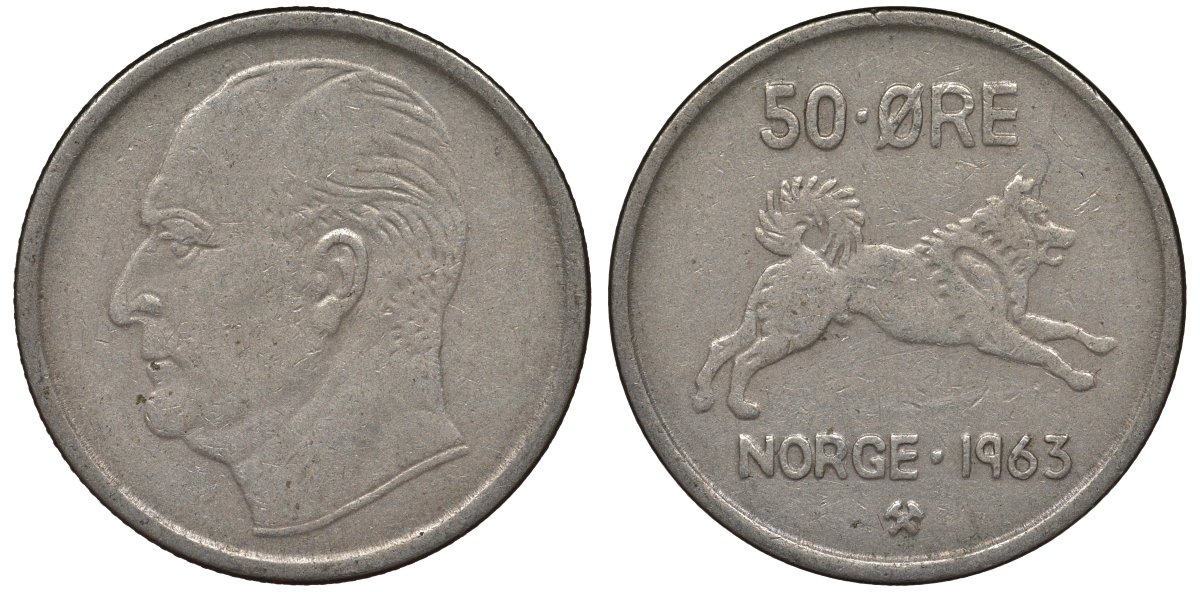 Норвегия 50 эре 1963 Улаф V (1957-1991), собака KM 408 медно-никель 4128-1131