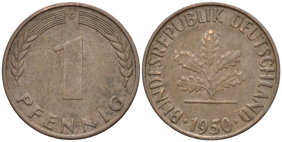 ФРГ 1 пфенниг 1950 G KM 105, J.380 сталь плакированная медью 4174-613