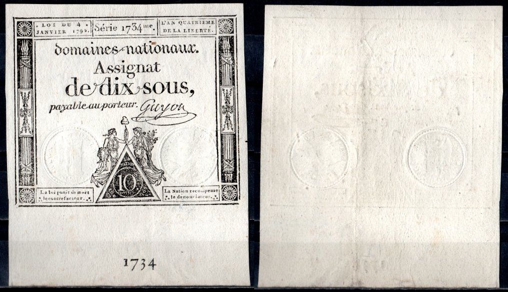 Франция 10 солей 1792 Pick A53 бумага 7183-28-2-1