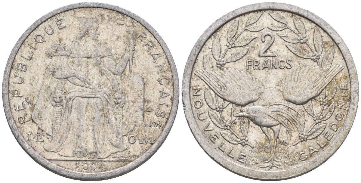 Французская Новая Каледония 2 франка 2004 птица кагу, (IEOM) KM 14, Schoen 11, Lec 68i алюминий    28-1126