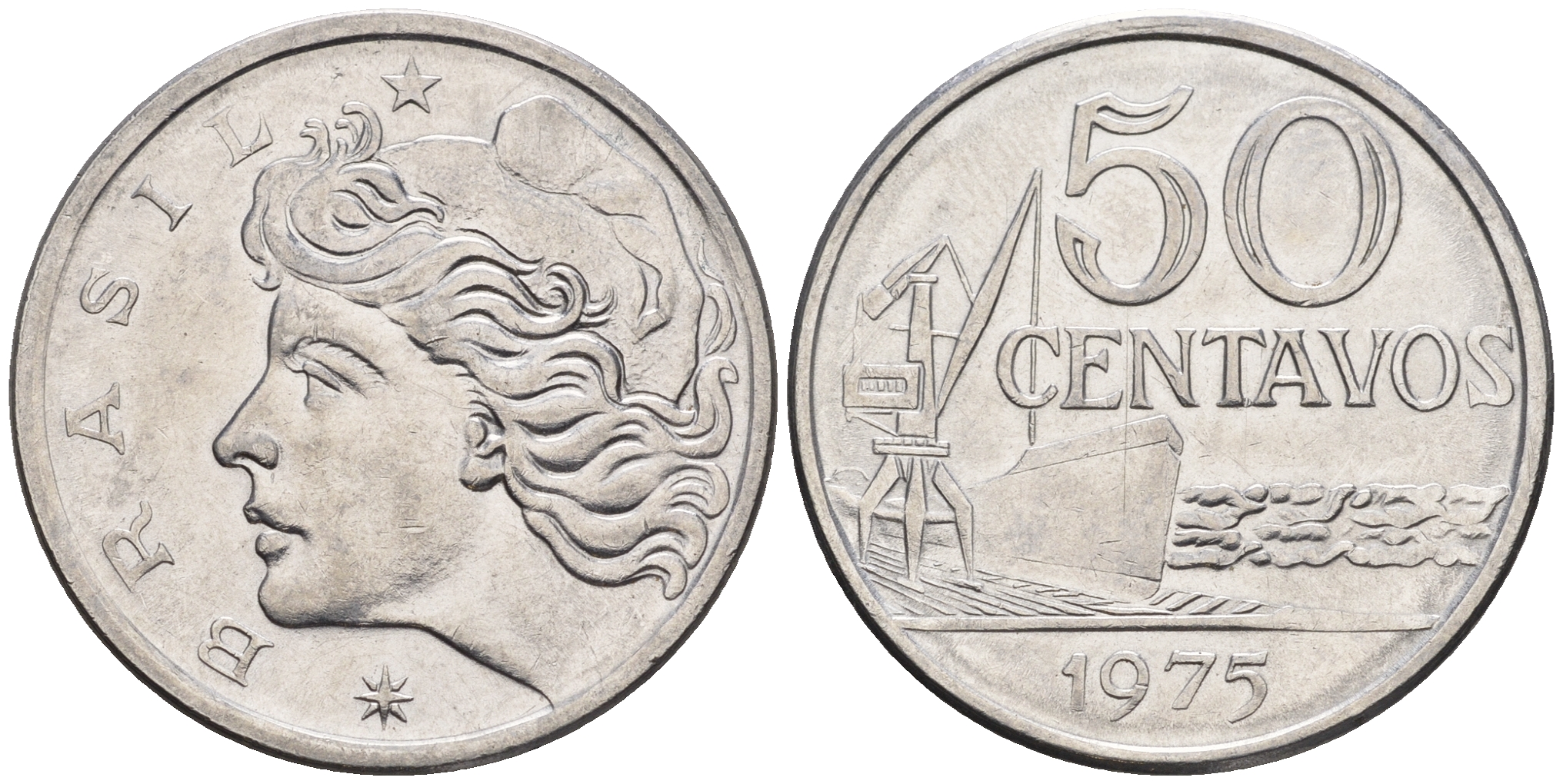 Бразилия 50 сентаво 1975 голова свободы влево KM 580a, Schon 85a нержавеющая сталь 87-511