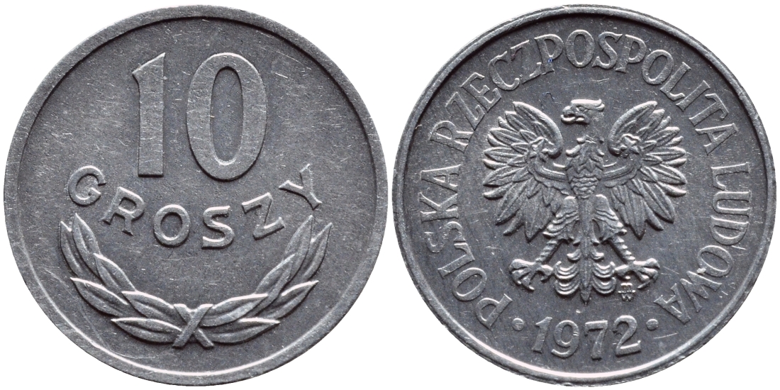 ПОЛЬША 10 ГРОШЕЙ 1972 MW KM AA47 алюминий 26-746