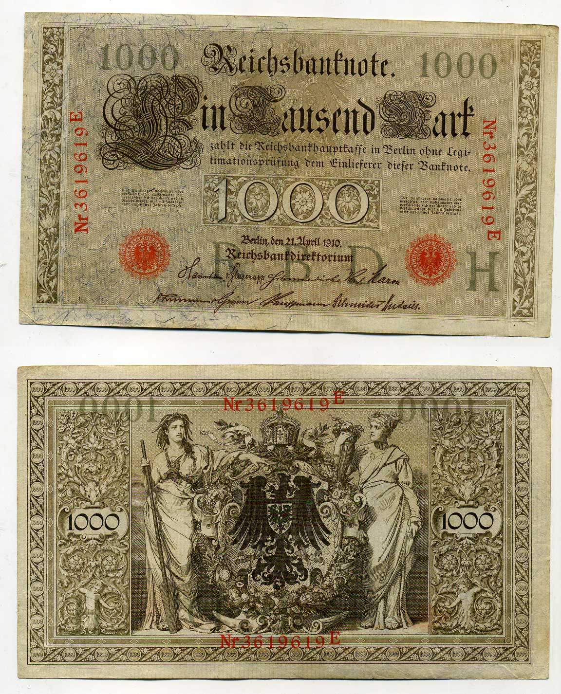 Германия 1000 марок 1910 красная печать, 7 значный номер Pick 44 b  бумага   8610-42-1-1