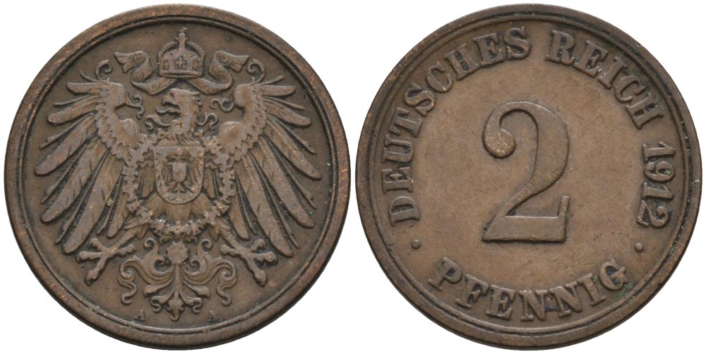 Германия 2 пфеннига 1912 A KM 16, J. 11, Weege 4 медь 4573-1141