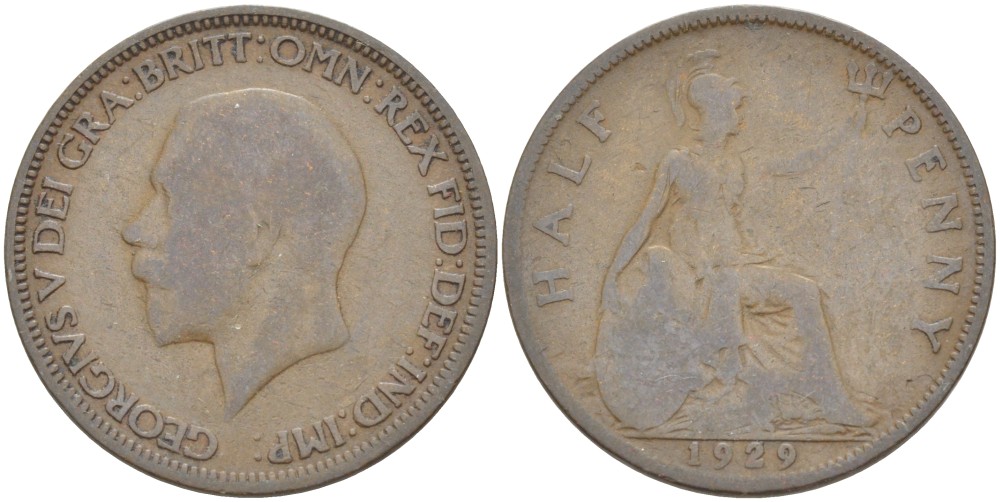 Великобритания 1/2 пенни 1929 Георг V (1910-1936) KM 837, Spink 4058 бронза 4513-613