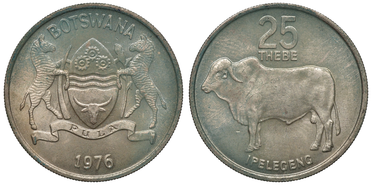 Ботсвана 25 тхебе 1976 зебу KM 6 медно-никель 4118-635