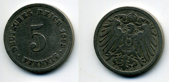 Германия 5 пфеннигов 1898 J KM 11, Jager 12, Weege 6 медно-никель 58-158