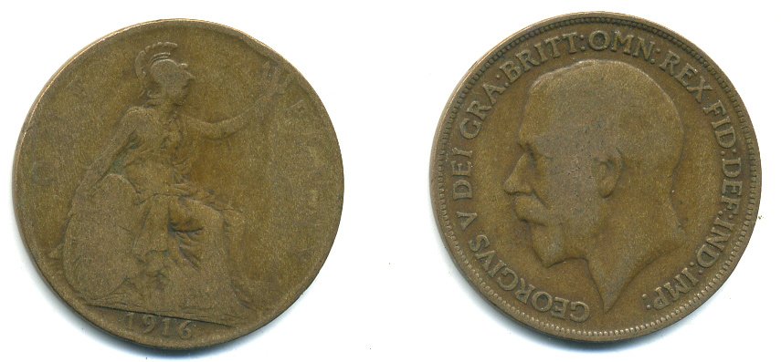 Великобритания 1 пенни 1916 Георг V (1910-1936) КМ 810, Spink 4051 бронза 41-123