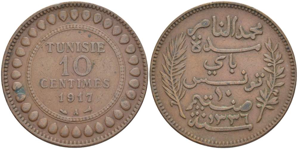 Тунис 10 сантимов 1917 АН1336, Мухаммад V ан-Насир KM 236 бронза 4526-225
