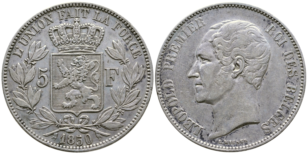Бельгия 5 франков 1850 Леопольд I (1831-1865) KM 17 серебро 00-1067-3-42