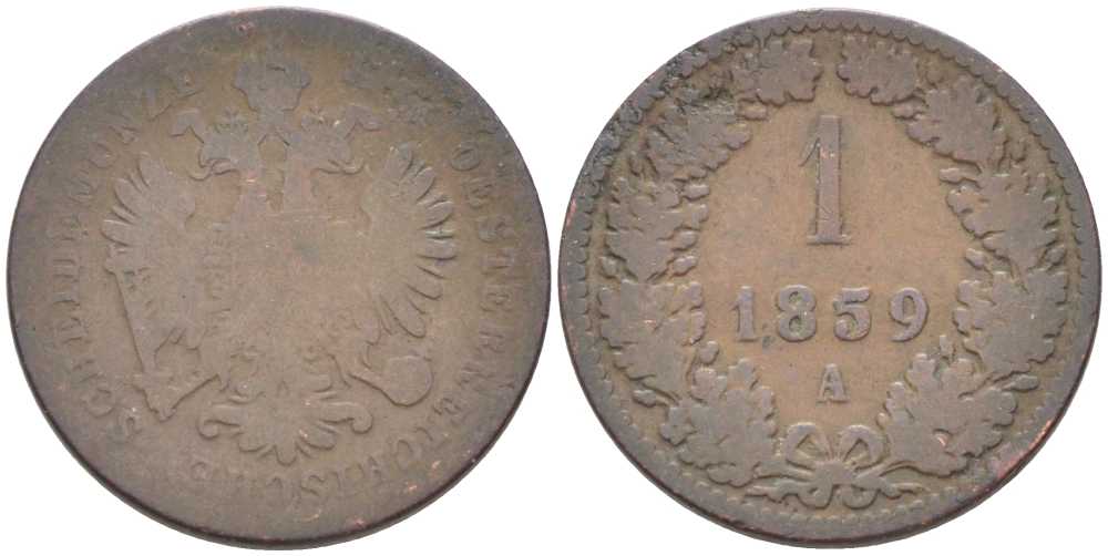 Австрия 1 крейцер 1859 A, Франц Иосиф I (1848-1916) KM 2186 медь 4387-113