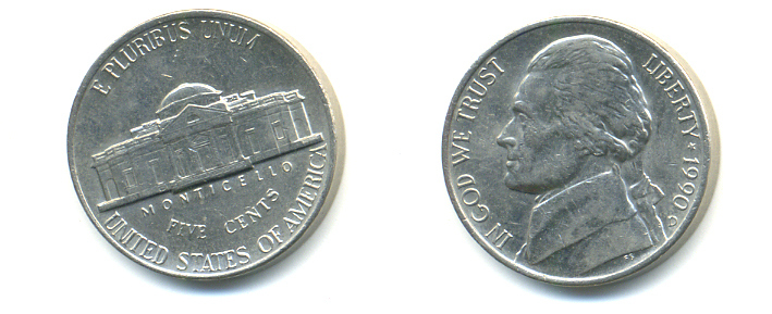 США 5 ЦЕНТОВ 1990 D, ДЖЕФФЕРСОН KM А192 медно-никель 179-747