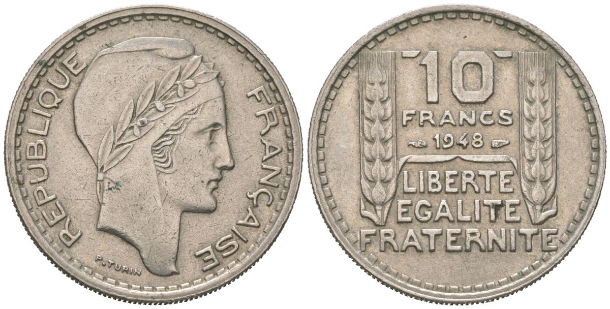 Франция 10 франков 1948 тип Пьер Турин KM 909.1, Le Franc 362.3 медно-никель 4582-251