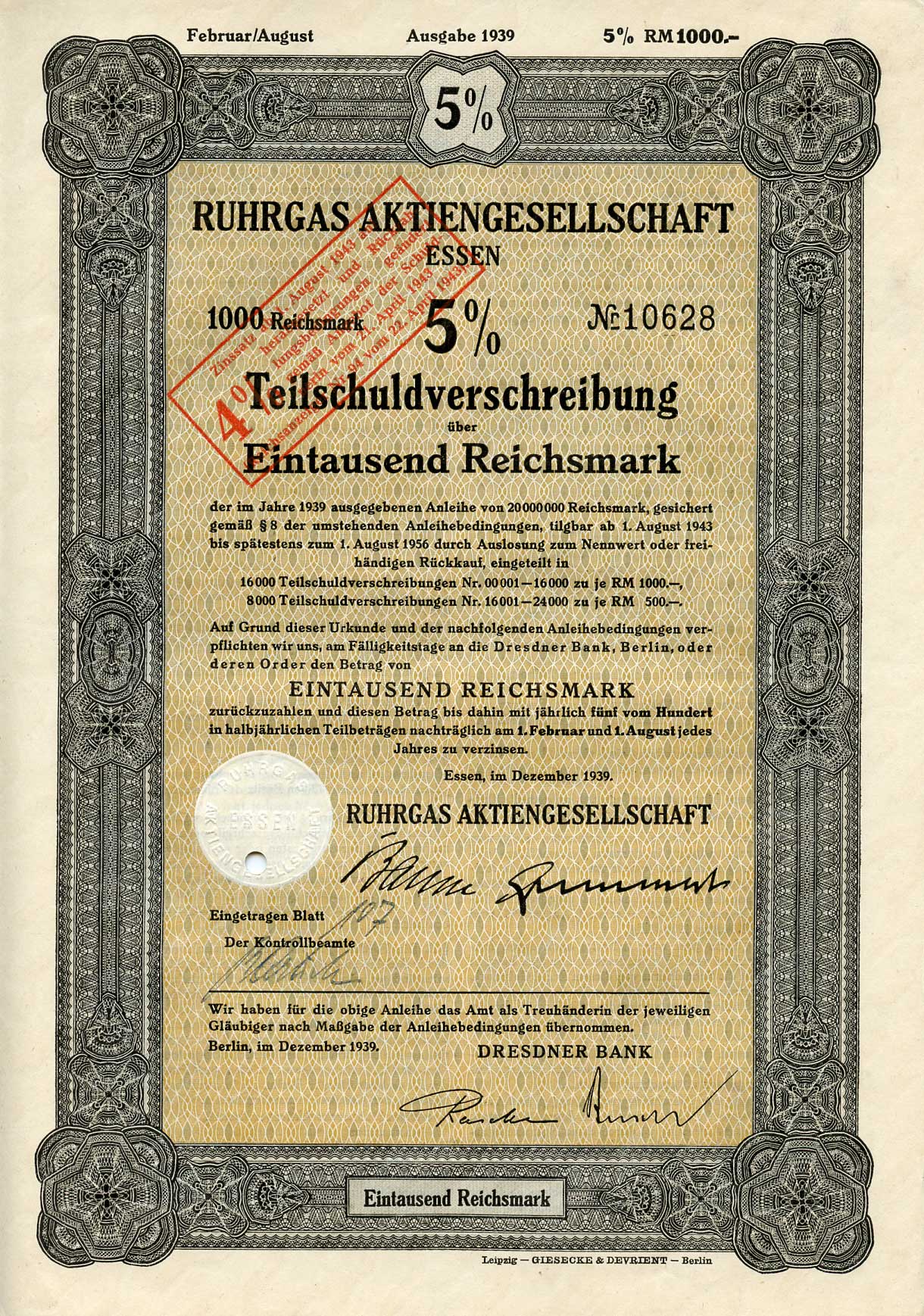 Германия 1000 рейхсмарок 1939 Акционерное общество Рургас Эссен, 5% -ное частичное долговое обязательство с маркой конвертации под 4% -ную процентную ставку, облигация   бумага   8804-25-1