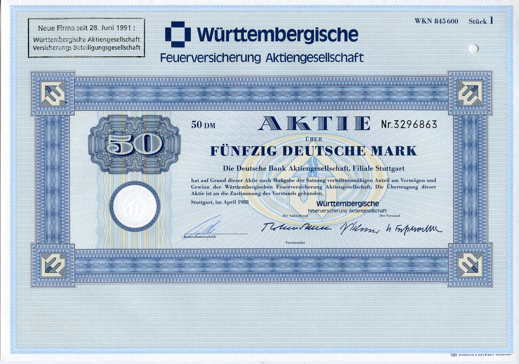ФРГ 50 марок 1988 Акционерное общество по страхованию от пожаров Вюртемберга, акция   бумага   8803-102-1