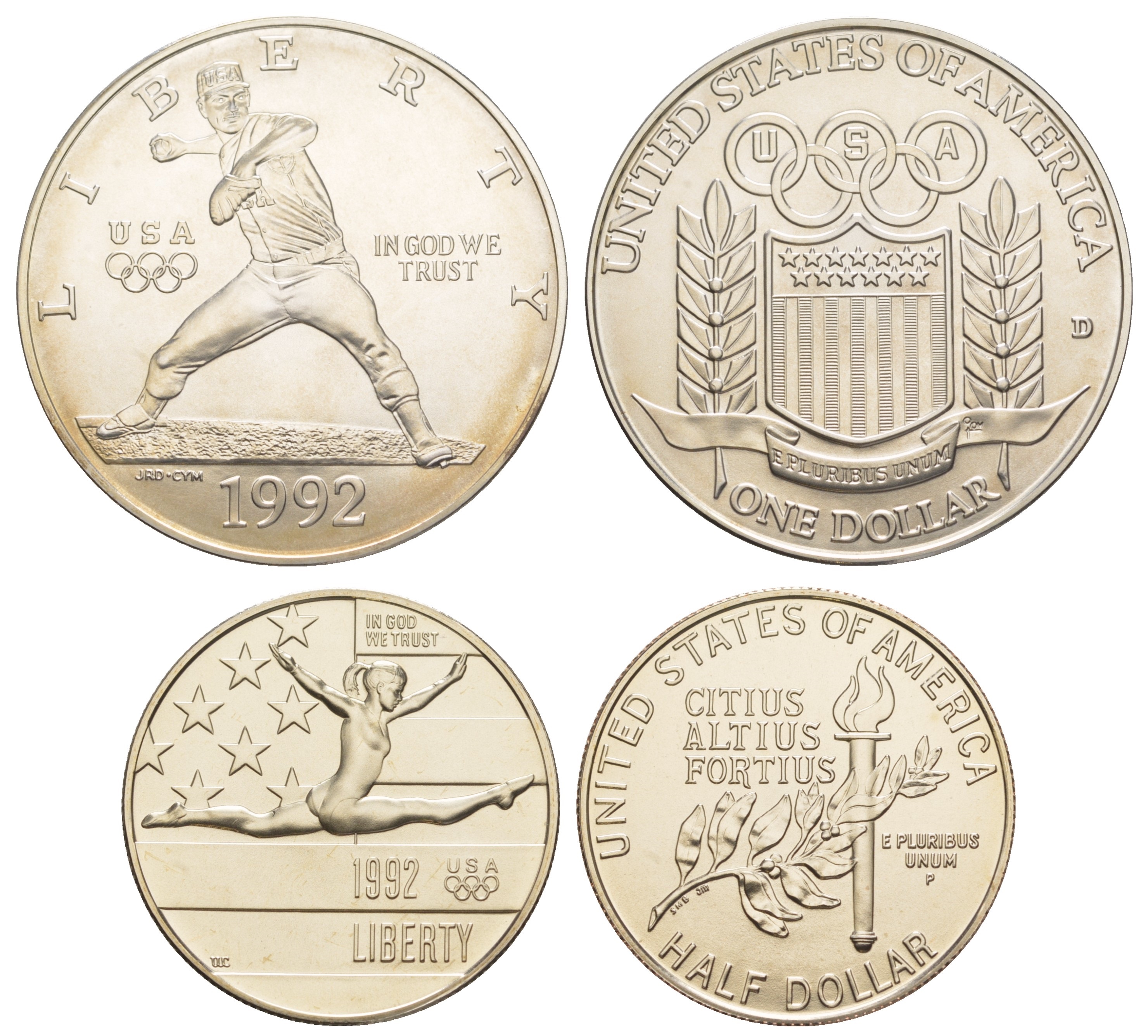 США набор из 1 доллара и 50 центов 1992 P, D, Олимпийские игры, 1 доллар бейсбол и 50 центов гимнастика, в оригинальной коробке, сертификат KM 233, 234 серебро, медь плакированная медно-никелем  UNC  3-6-5-06