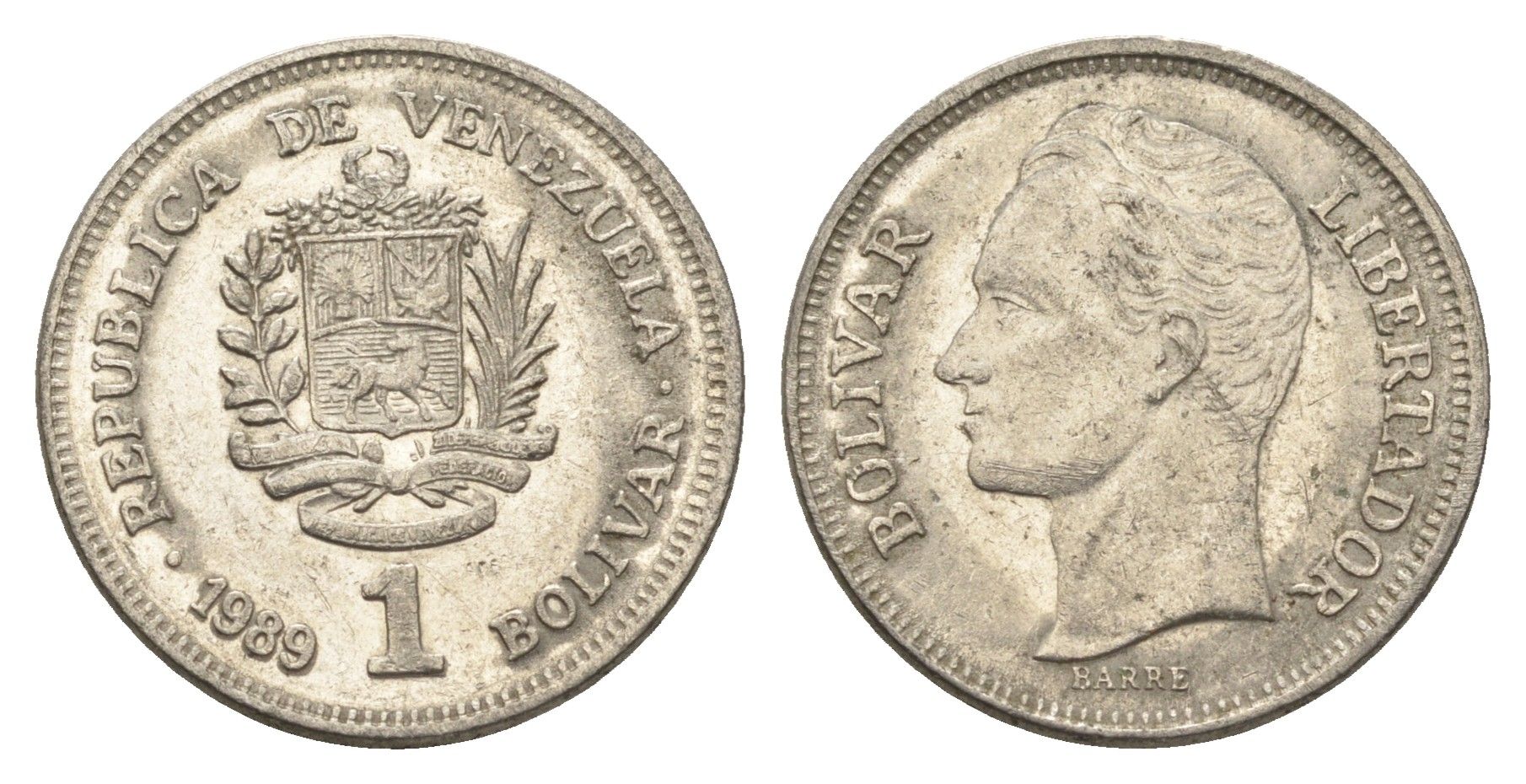 Венесуэла 1 боливар 1989 Симон Боливар, тонкий шрифт Y 52a.1 сталь плакированная никелем 4662-842