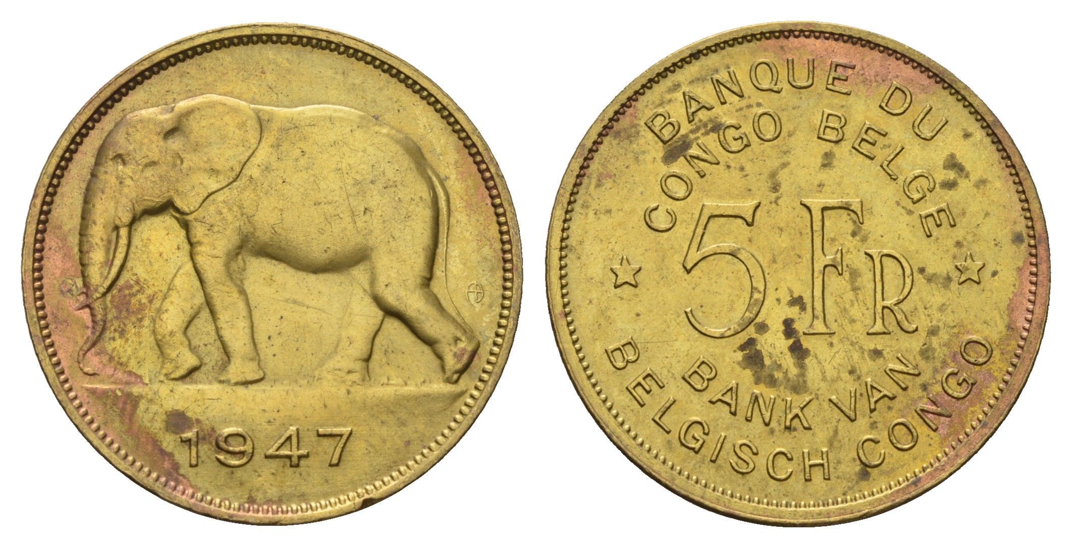 Бельгийское Конго 5 франков 1947 слон, Леопольд III, год тип KM 29 латунь 4127-1744