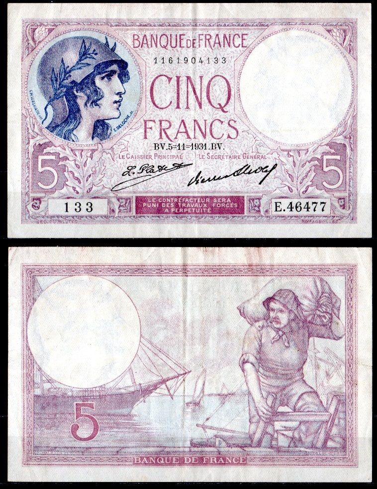 Франция 5 франков 1931 Pick 72 d бумага 7183-16-2-1