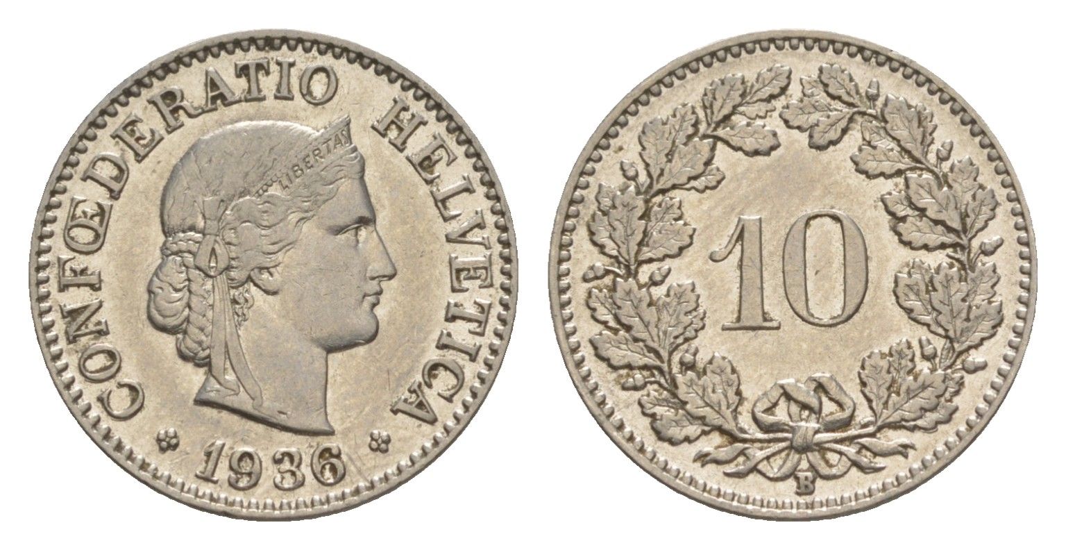 Швейцария 10 раппенов 1936 B KM 27b никель 4609-423