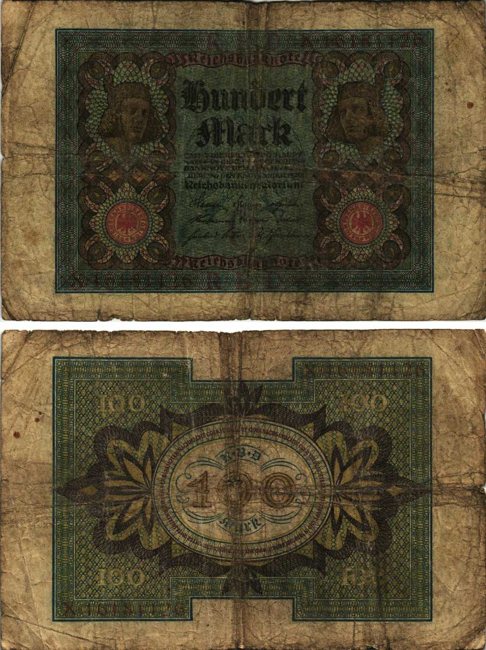 Германия 100 марок 1920 Бамбергский всадник, 8 цифр в номере, буква O Pick 69 b, Розенберг 69b бумага 8609-59-1