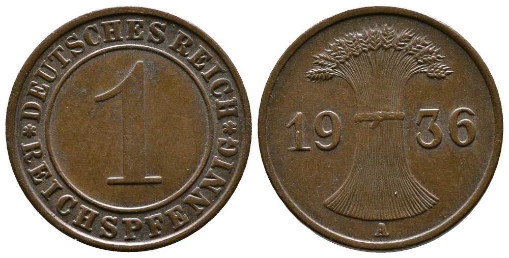 Германия 1 рейхспфенниг 1936 A KM 37, J. 313 бронза 220-146