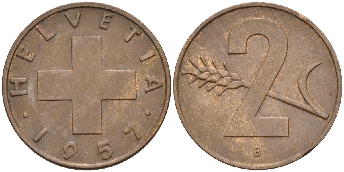 Швейцария 2 раппена 1957 В KM 47 бронза 4591-1212