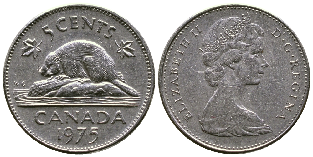 Канада 5 центов 1975 Елизавета II (1952-2022), бобр KM 60.1 никель 4175-751