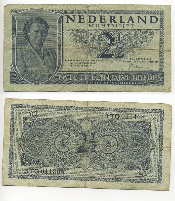 НИДЕРЛАНДЫ 2 1/2 ГУЛЬДЕНА 1949 8 АВГУСТА 1949, КОРОЛЕВА ЮЛИАНА Pick 73 бумага 6301-10-4