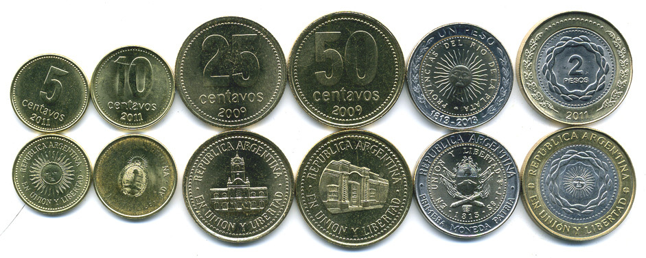 Аргентина лот из 6 монет 2009-2013 5, 10, 25, 50, 1, 2 реала биметалл UNC M79-09