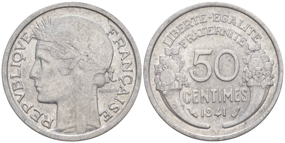 ФРАНЦИЯ 50 САНТИМОВ 1941 ТИП MORLON LOURDE KM 894.1a, LE FRANC 193.2 алюминий 44-318