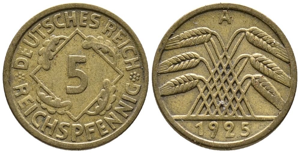 Германия 5 рейхспфеннигов 1925 A KM 39, J. 316, Weege 7 алюминиевая бронза 39-549