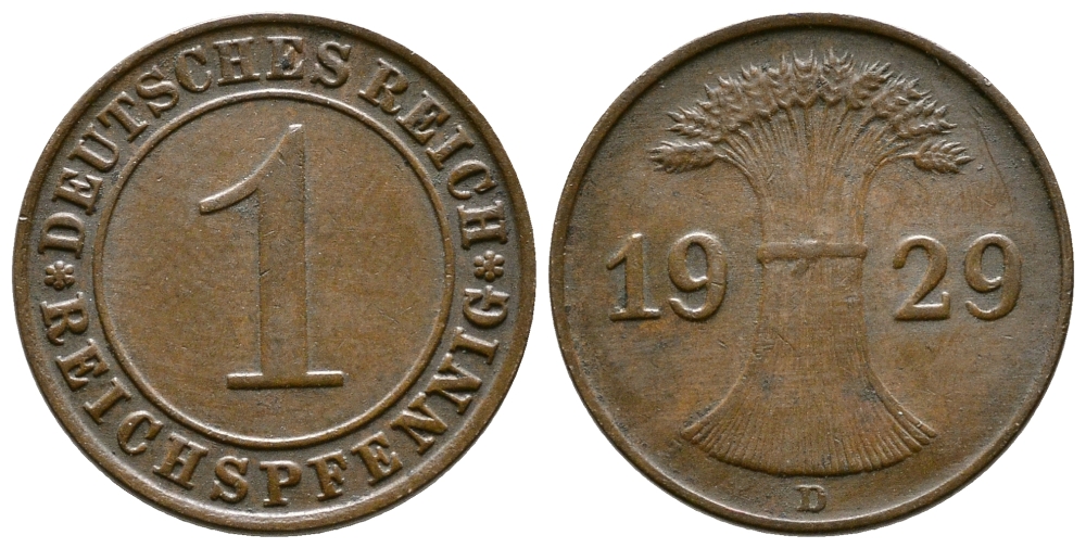 ГЕРМАНИЯ 1 РЕЙХСПФЕННИГ 1929 D KM 37, J. 313 бронза 4380-1163