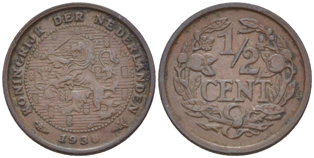 НИДЕРЛАНДЫ 1/2 ЦЕНТА 1938 ВИЛЬГЕЛЬМИНА (1890-1948) KM 138 бронза 76-138