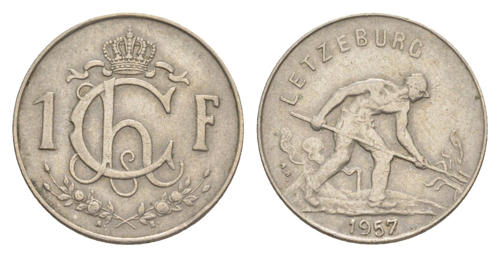 Люксембург 1 франк 1957 Шарлотта (1918-1964), сталевар KM 46.2 медно-никель 4643-529