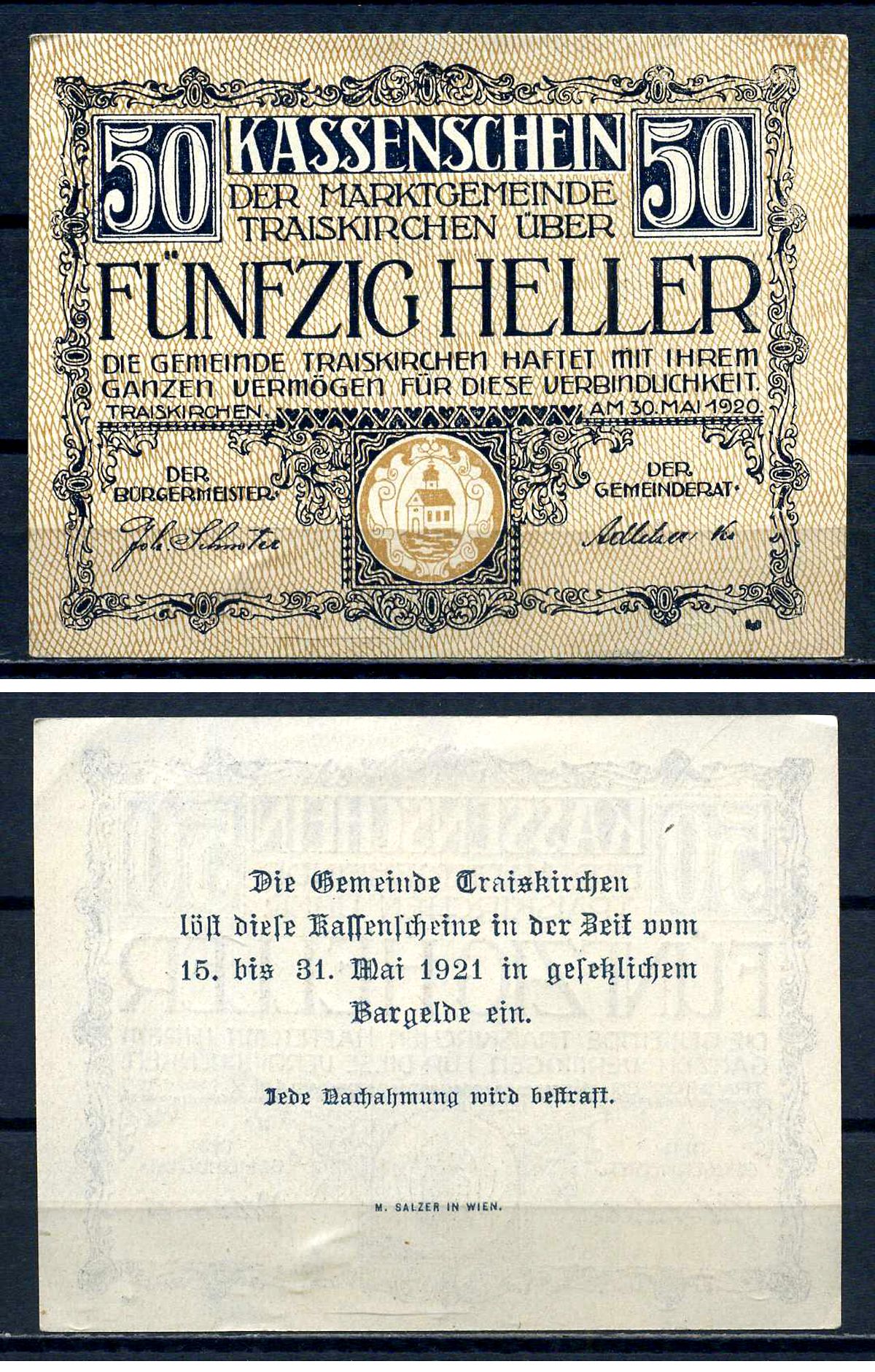 Трайскирхен (Австрия) 50 геллеров 1920 бумага aUNC 7556-36-2-2