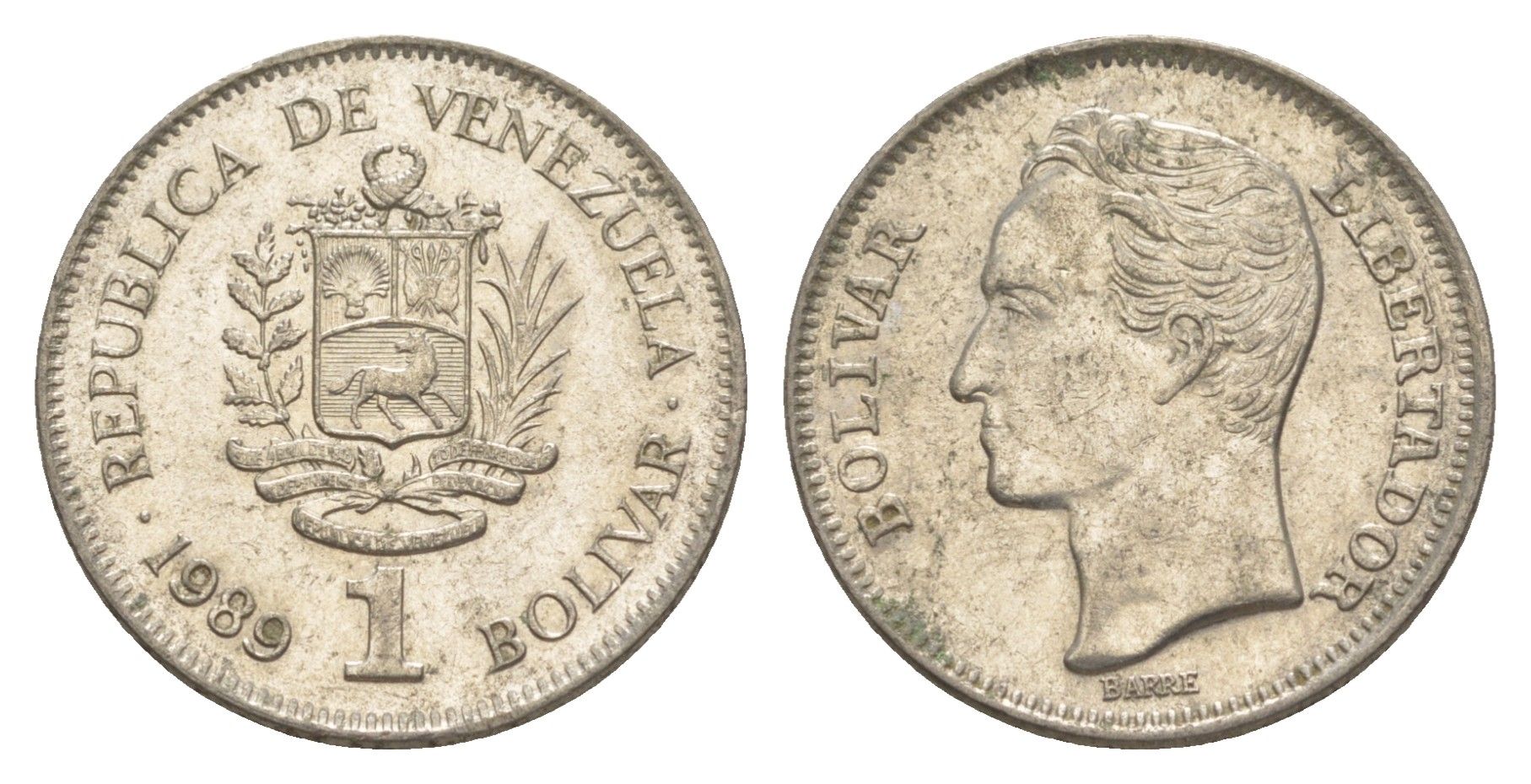 Венесуэла 1 боливар 1989 Симон Боливар, толстый шрифт Y 52a.2 сталь плакированная никелем 4586-1236