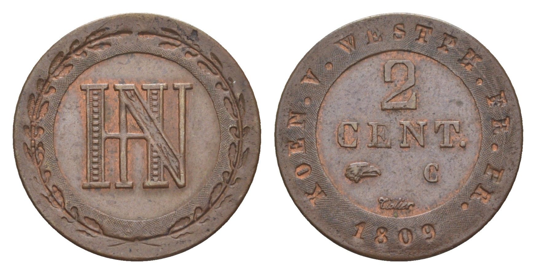 Вестфалия 2 сантима 1809 C, Жером Бонапарт (1807-1813), из коллекции Ричарда Б. Смита Smith 296, KM 90, ASK 42 медь 1525-1112