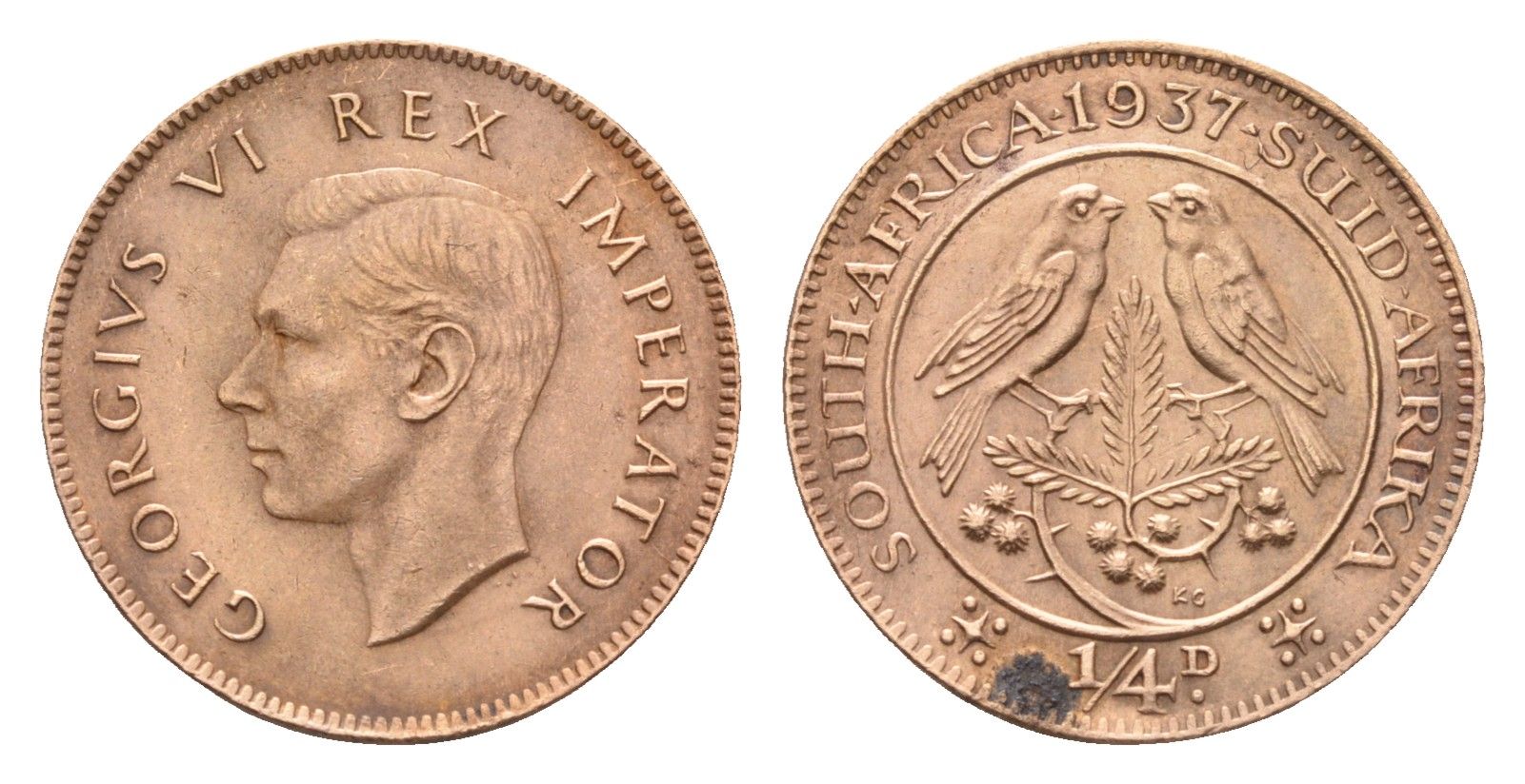 ЮАР 1/4 пенни (фартинг) 1937 Георг VI (1937-1952), тираж 38.000 экземпляров KM 23 бронза 4127-1542