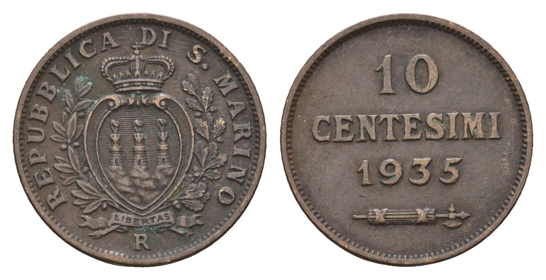 Сан-Марино 10 чентезимо 1935 KM 13 бронза 4178-326